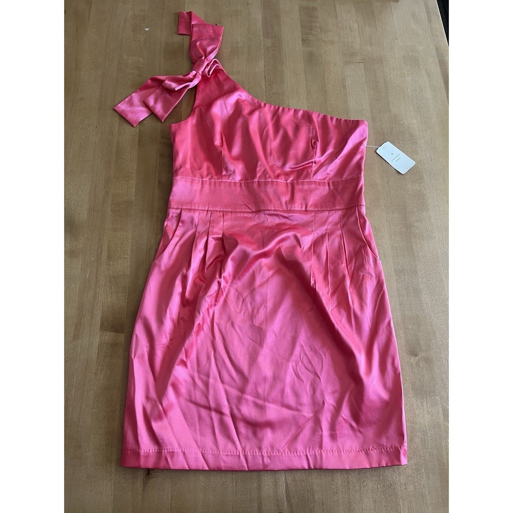 Pink Mini Short Cocktail Dress Women's Sz L One Shoulder Bow Pockets NEW Y2K